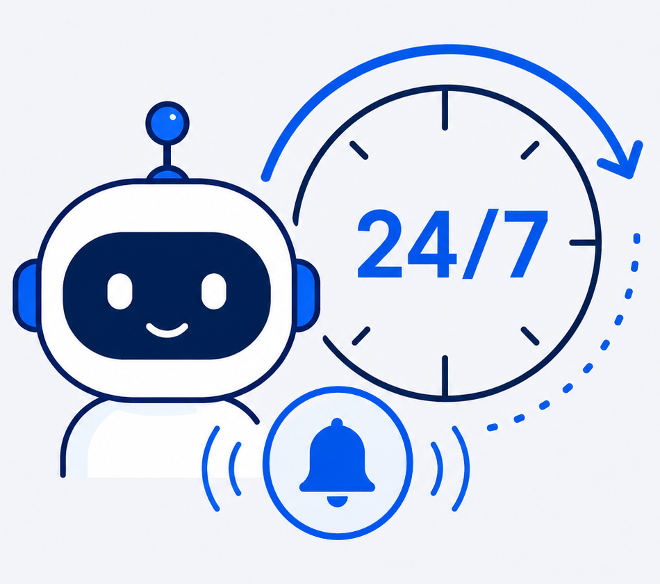 An always-on AI assistant shown with a 24/7 clock and notification alerts.